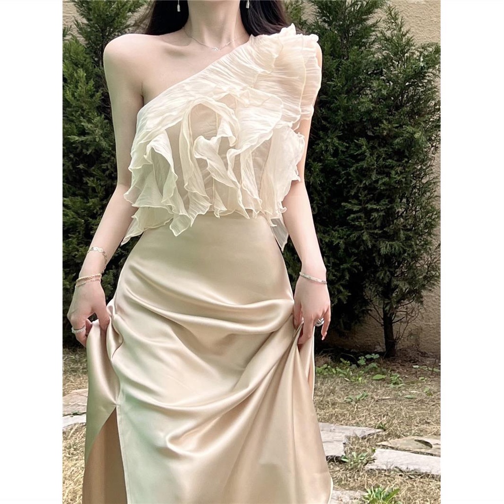 Đầm dự tiệc lệch vai Đầm lệch vai gấm nơ to sang trọng Dress Vai Một Bên Dây Áo Chiffon Sát Nách Dáng Ôm Phối Bèo Thời Trang Mùa Hè Cho Nữ