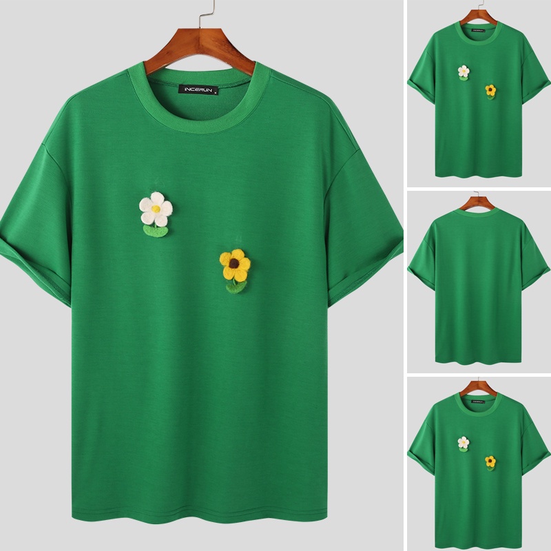 Áo thun INCERUN ngắn tay họa tiết hoa vui nhộn thời trang dành cho nam