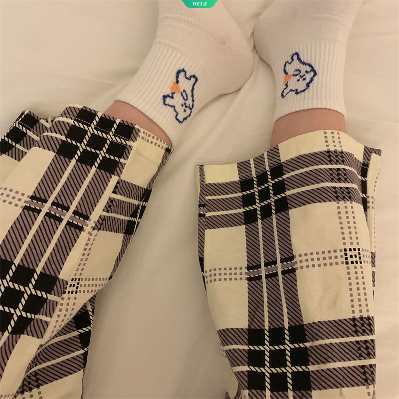 Quần Ngủ Sọc Ca Rô Ống Rộng Thoải Mái Thời Trang Xuân Hè Hàn Quốc Mới Cho Nữ
