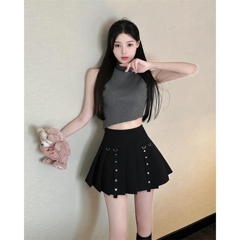 Chân Váy Chữ A Lưng Cao Xếp Ly Phong Cách Retro Hàn Quốc