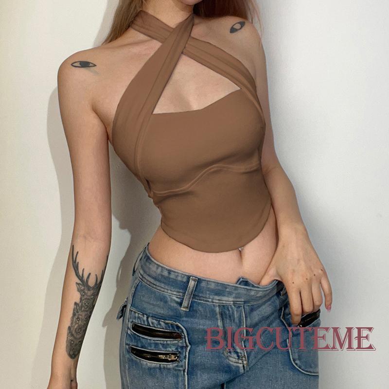 [] - Áo Crop Top Hai Dây Mỏng Màu Trơn Cổ Yếm Mùa Hè Màu Đen / Trắng Cho Nữ
