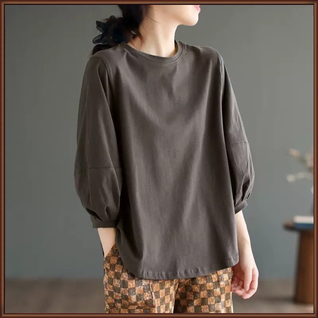 Áo Thun Tay Dài Phồng Cổ Tròn Form Rộng Phong Cách Retro Cho Nữ