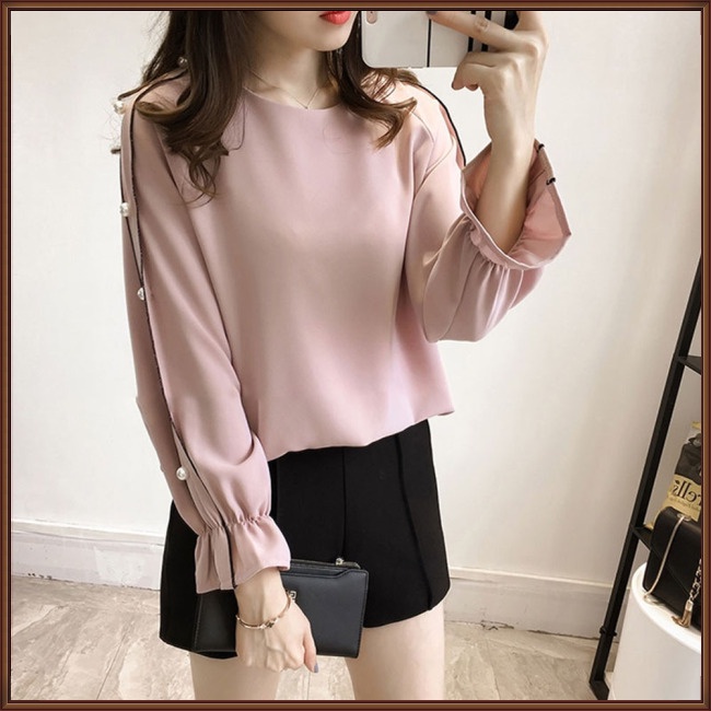 Áo Sơ Mi Chiffon Cổ Tròn Tay Loe Dài Đính Hạt Màu Trơn Thời Trang Cho Nữ