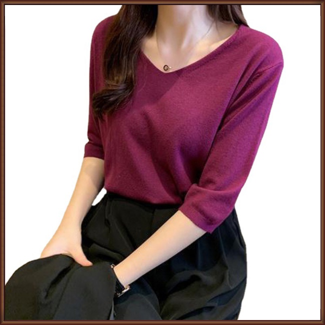 Áo Thun Tay Lỡ Cổ Chữ V Màu Trơn Dáng Rộng Thoáng Khí Thời Trang Cho Nữ