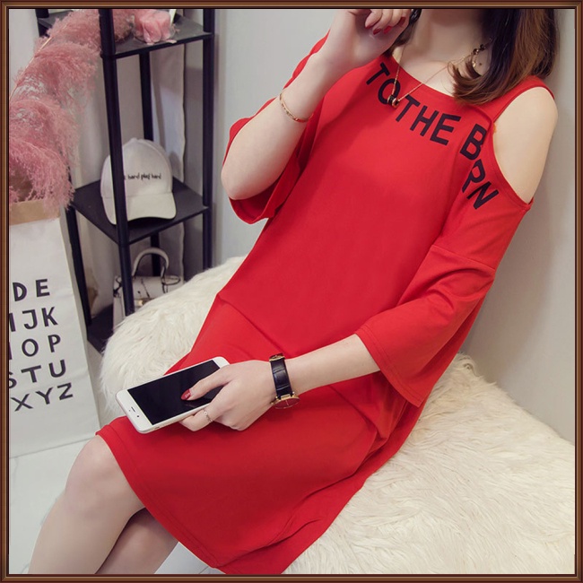 Đầm Thun Tay Ngắn Hở Vai In Chữ Thời Trang Dành Cho Nữ