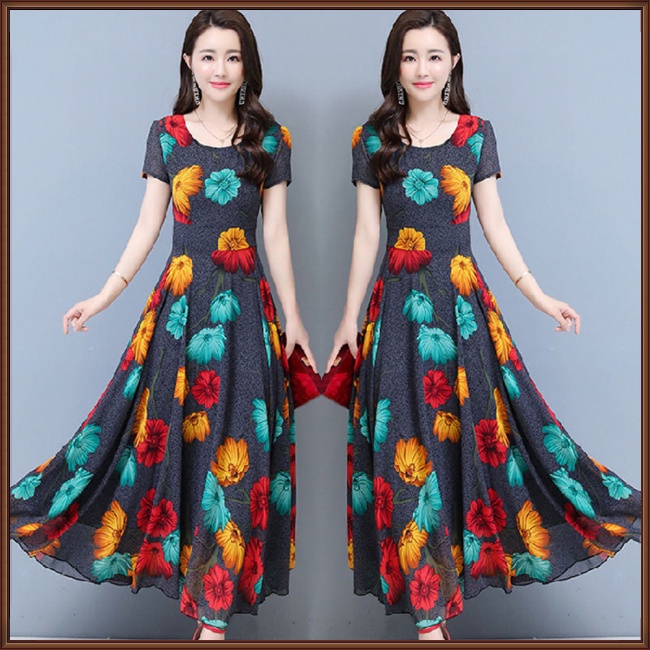 Đầm Dài Tay Ngắn Eo Vừa In Họa Tiết Thời Trang Cho Nữ