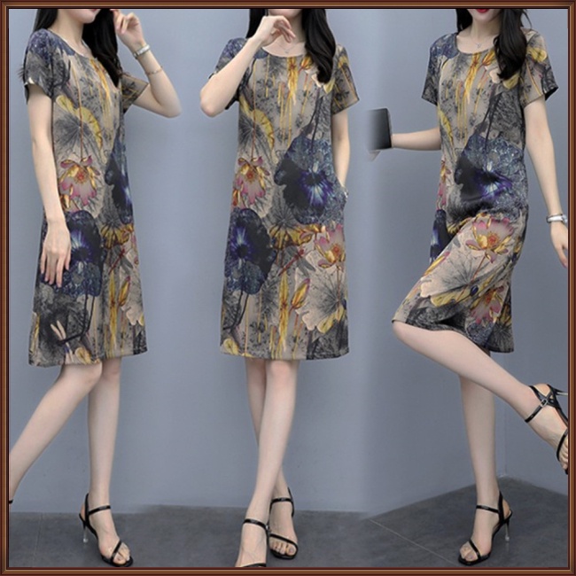 Đầm Tay Ngắn Cổ Tròn Dáng Rộng In Họa Tiết Thời Trang Mùa Hè Xinh Xắn Cho Nữ