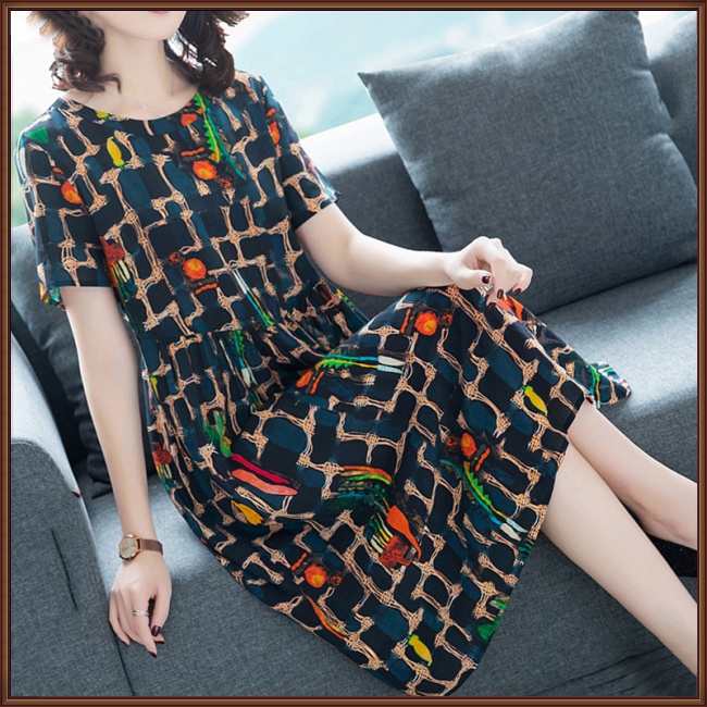 Đầm Tay Ngắn Cổ Tròn In Họa Tiết Hoa Thời Trang Mùa Hè Cho Nữ