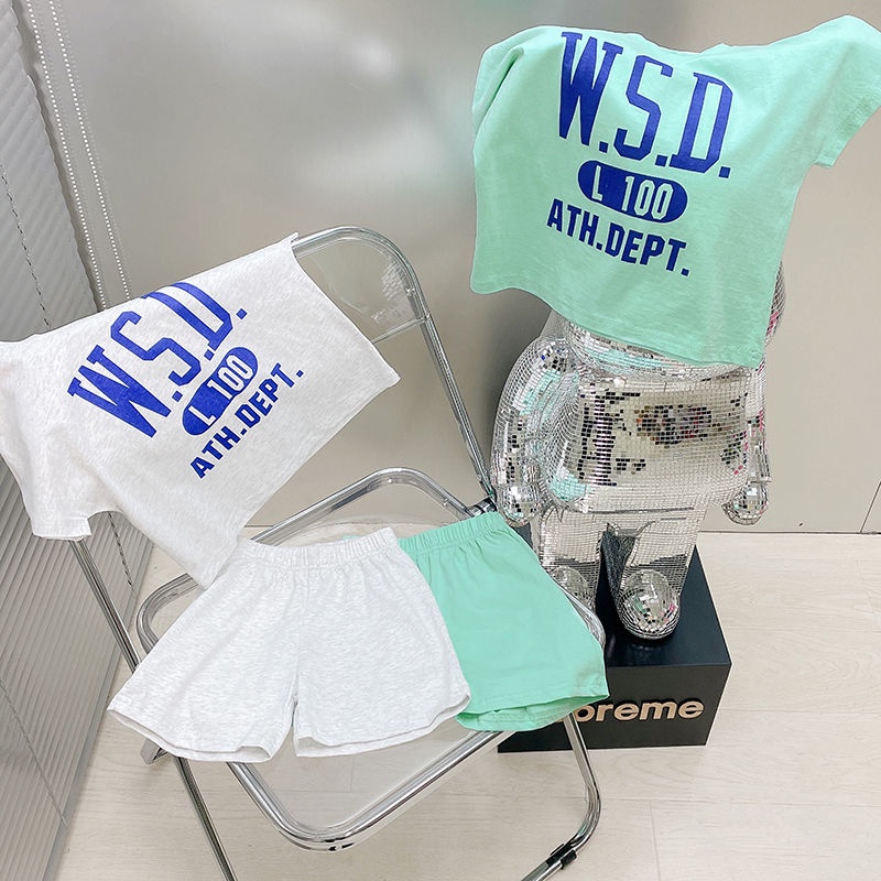 Hàng Mới Về Mới Set Áo Thun Ngắn Tay In Chữ + Quần Short Cotton Phong Cách Hàn Quốc Thời Trang Mùa Hè Cho Bé Trai