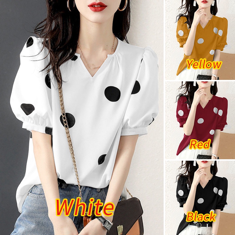 Zanzea Áo Kiểu Tay Ngắn Phồng Cổ Chữ V Họa Tiết Chấm Bi Phong Cách Hàn Quốc Thời Trang Cho Nữ