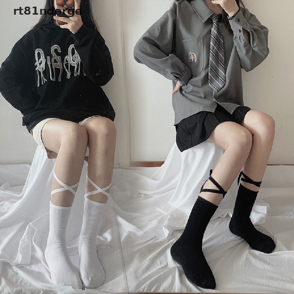 Ge Vớ Ống Chân Phối Dây Chéo Màu Trắng Đen Phong Cách Harajuku Nhật Bản Harajuku Mùa Hè Quyến Rũ Cho Nữ Sinh