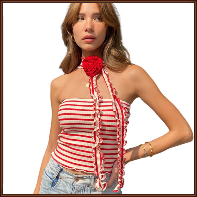 Áo Croptop Dệt Kim Không Tay Dáng Ôm Co Giãn Họa Tiết Kẻ Sọc Thời Trang Gợi Cảm Cho Nữ