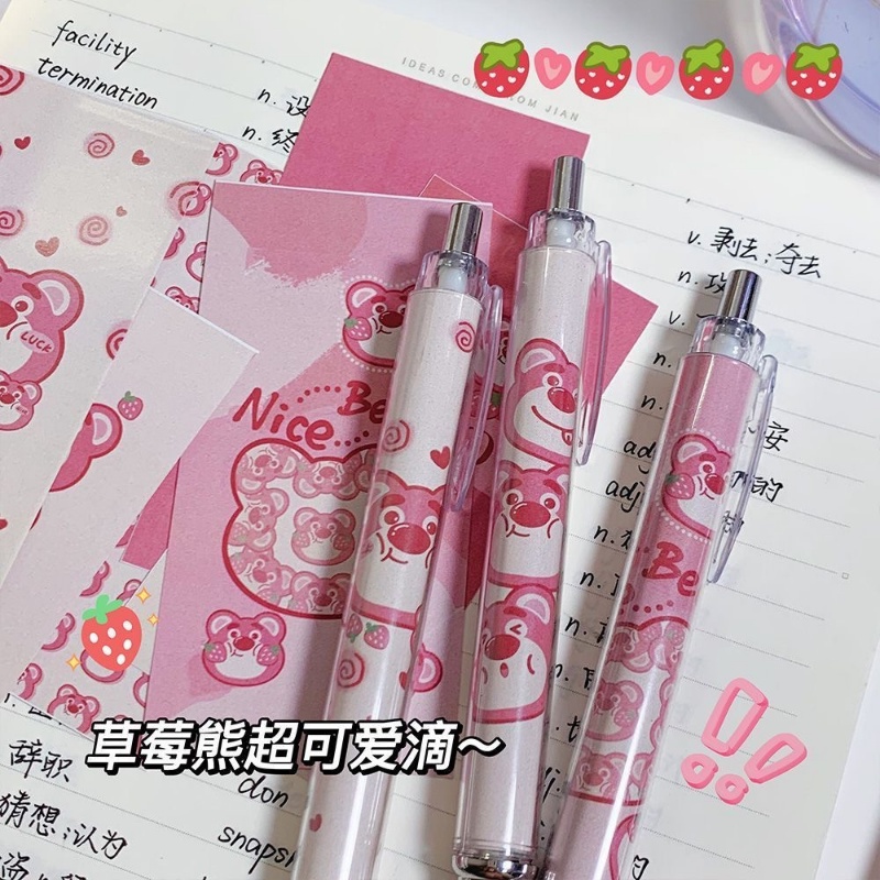 Bút Bi Mực Đen Ngòi 0.5mm Có Thể Thu Gọn Họa Tiết Gấu / Dâu Tây Hoạt Hình Dễ Thương