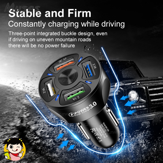 Củ Sạc Điện Thoại Nhanh 4 Trong 1 3A 4USB QC3.0 Màn Hình Led Cho Xe Hơi