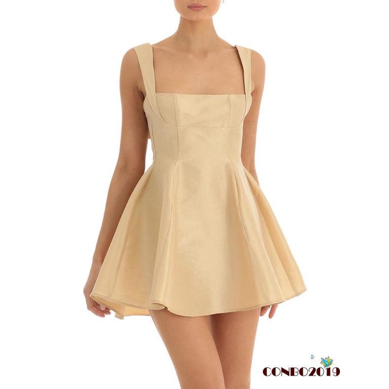 Đầm Chữ A Hai Dây Cổ Vuông Hở Lưng Màu Sắc Đơn Giản Cho Nữ