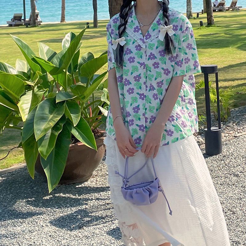 IELGY    Áo Sơ Mi Tay Ngắn Cổ Búp Bê Họa Tiết Hoa Dễ Thương Ngọt Ngào Cho Nữ