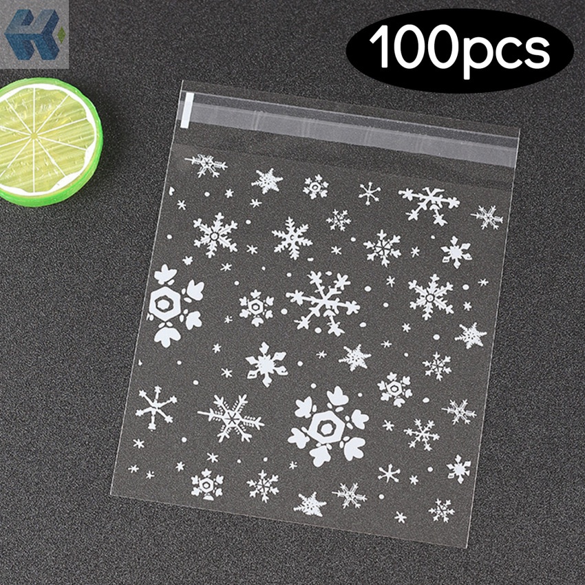 Set 100 Túi Đựng Bánh Quy Tự Dính Họa Tiết Bông Tuyết Giáng Sinh