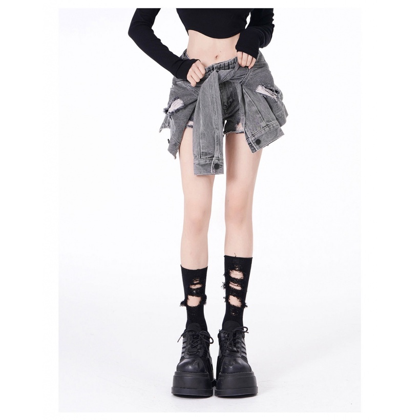 Quần Short Jean Giả Hai Mảnh Màu Xám Thiết Kế Rách Thời Trang Mùa Hè Ngọt Ngào Cho Nữ QPTC