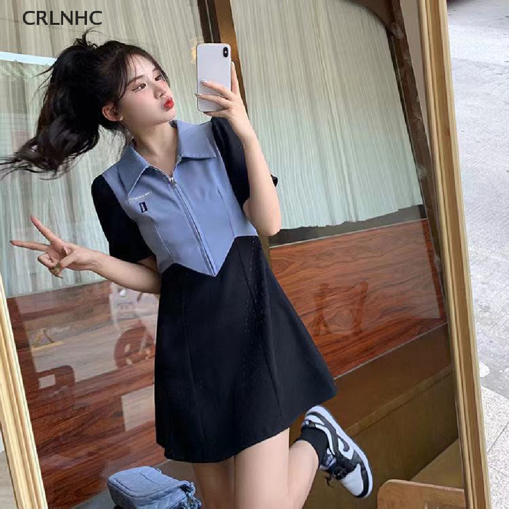 Đầm polo CRLNHC Y2k dáng chữ A ngắn tay xẻ tà phối màu tương phản phong cách Hàn Quốc thời trang mùa hè 2023 cho nữ
