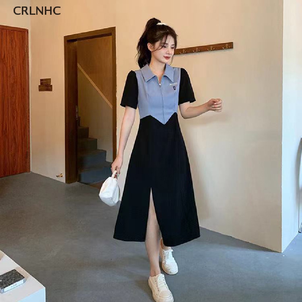 Đầm polo CRLNHC Y2k dáng chữ A ngắn tay xẻ tà phối màu tương phản phong cách Hàn Quốc thời trang mùa hè 2023 cho nữ