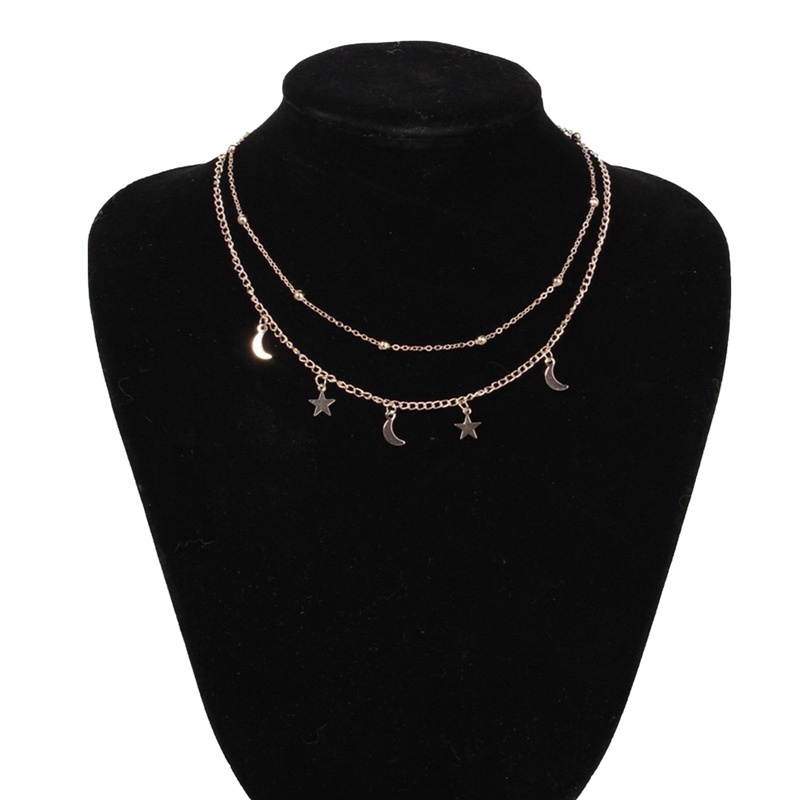 Vòng cổ Ngắn Hai Lớp Hình Trăng Sao Màu Vàng / Bạc Thời Trang Cho Nữ