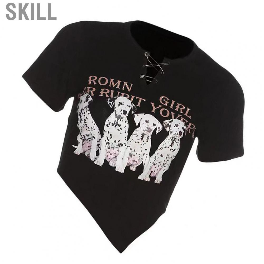 Skill Women T Shirt  Sweet Style High Waist Girl Pretty Print Irregular Hem Breathable for Office