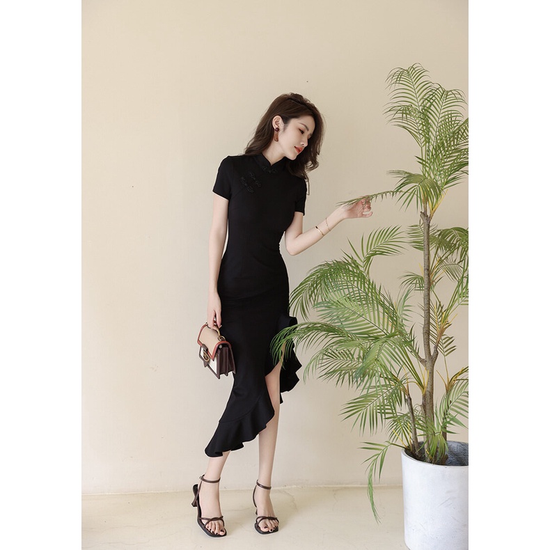 ZYHT  Đầm Sườn Xám Cách Tân Kiểu Đuôi Cá Màu Đen Phong Cách Trung Hoa Thời Trang Mùa Hè Cho Nữ 30157