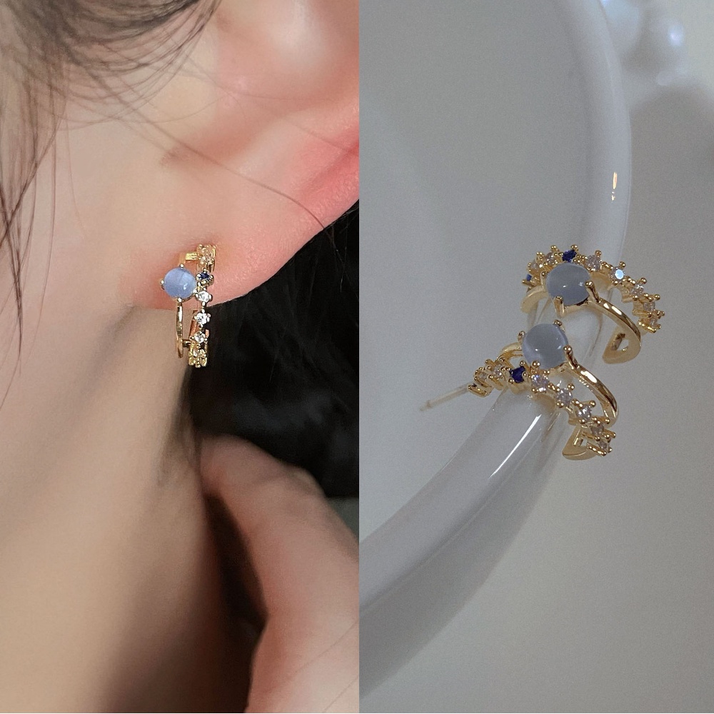 Khuyên Tai Thép Titan Đính Đá Mắt Mèo Thời Trang Hàn Quốc
