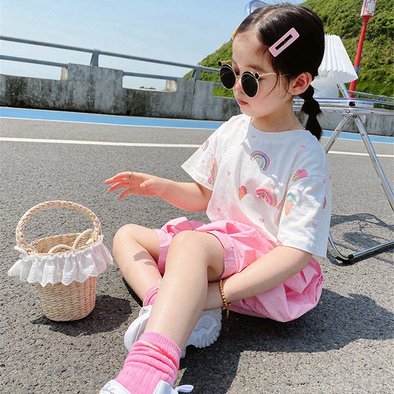 Set Áo Thun Cầu Vồng + Quần ngắn ống rộng Cho Bé Gái