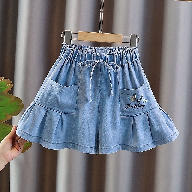 Hàng Có Sẵn ~  Quần Short Denim Xếp Ly Cỡ Vừa Phong Cách Mới 2023 Cho Bé Gái