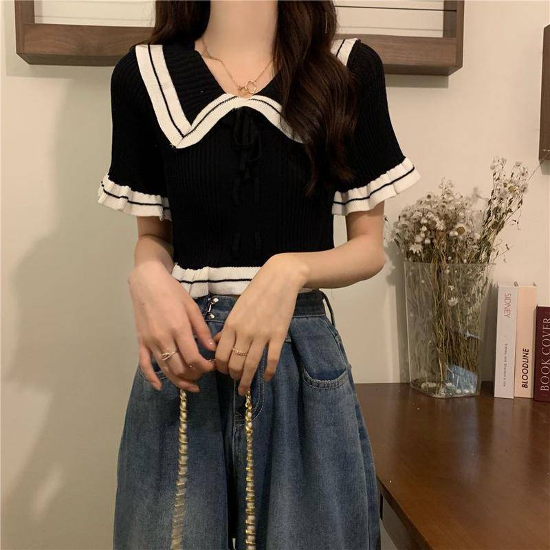 Áo Thun Dệt Kim Ngắn Tay Cổ Búp Bê Phối Bèo Phong Cách Pháp Độc Đáo Thời Trang Mùa Hè Cho Nữ