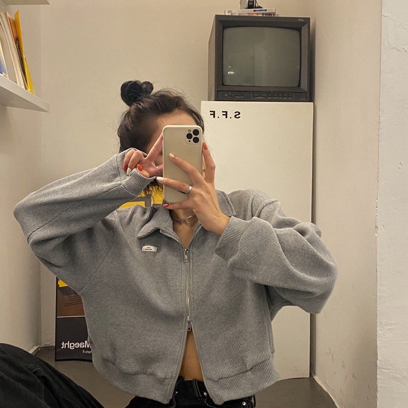 IELGY     Áo Khoác Thể Thao Crop Top Phối Khóa Kéo Thời Trang Thường Ngày Cho Nữ