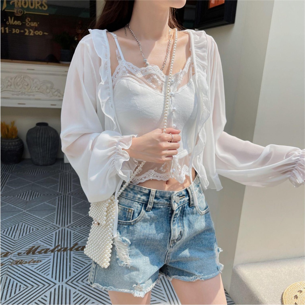 Áo Khoác cardigan Ngắn Vải Voan Mỏng Chống Nắng Màu Trơn Đơn Giản Thời Trang Mùa Hè Hàn Quốc 2023 Mới