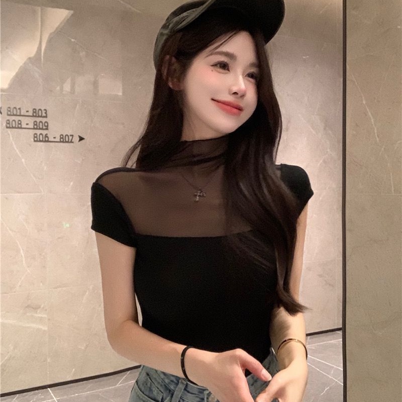 Áo thun COZOK ngắn tay cổ cao phối lưới ôm dáng gợi cảm dành cho nữ