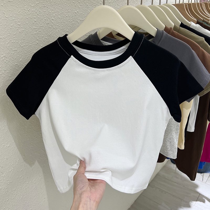 SUXI Áo Thun Cotton Cổ Tròn Dáng Ôm Màu Sắc Tương Phản Thời Trang Mùa Hè Dành Cho Nữ