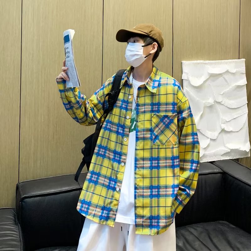 Áo Sơ Mi Khoác Ngoài Dài Tay Dáng Rộng Họa Tiết Sọc Caro Cao Cấp Thời Trang Cho Nam