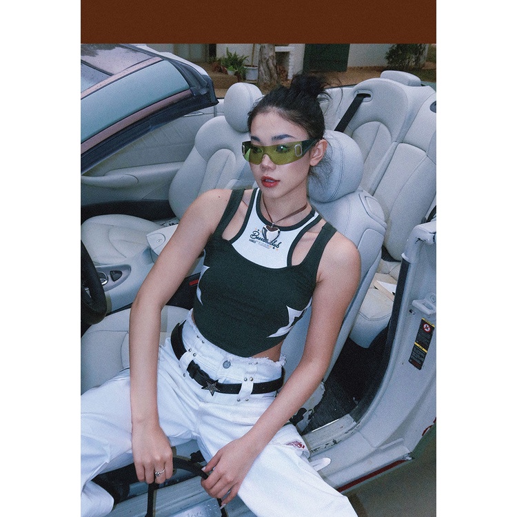 Áo Tank Top Giả Hai Lớp Màu Sắc Tương Phản Họa Tiết Ngôi Sao Thời Trang Cho Nữ 2000s Y2K