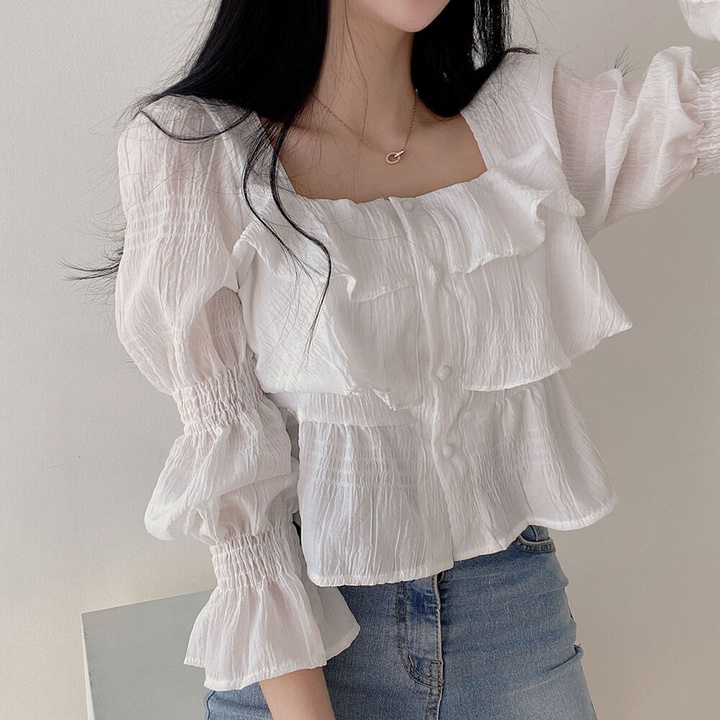 Áo chiffon Cổ Vuông Phong Cách Hàn Quốc Ngọt Ngào