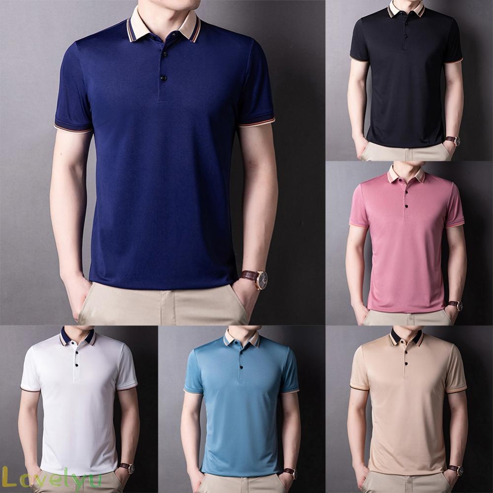 ⭐2023 ⭐Men T-Shirt All Season Business Collared Dress Shirts Ice Silk L-3XL Mens