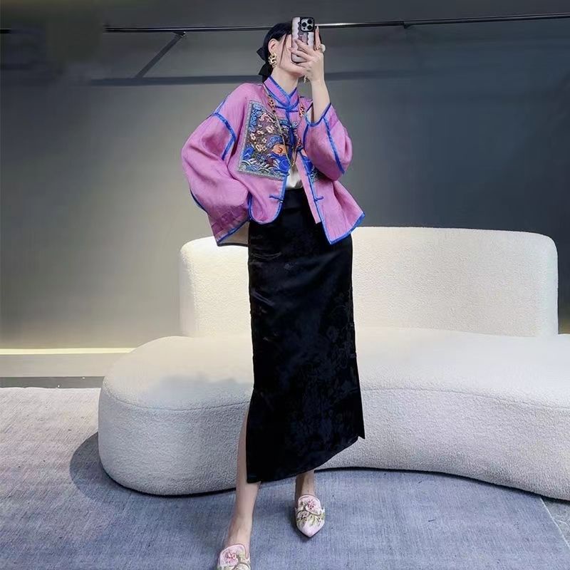 Áo Khoác Lụa organza Giả Thêu Họa Tiết Thổ Cẩm Màu Tím Cài Nút Kiểu vintage Mới Cho Nữ