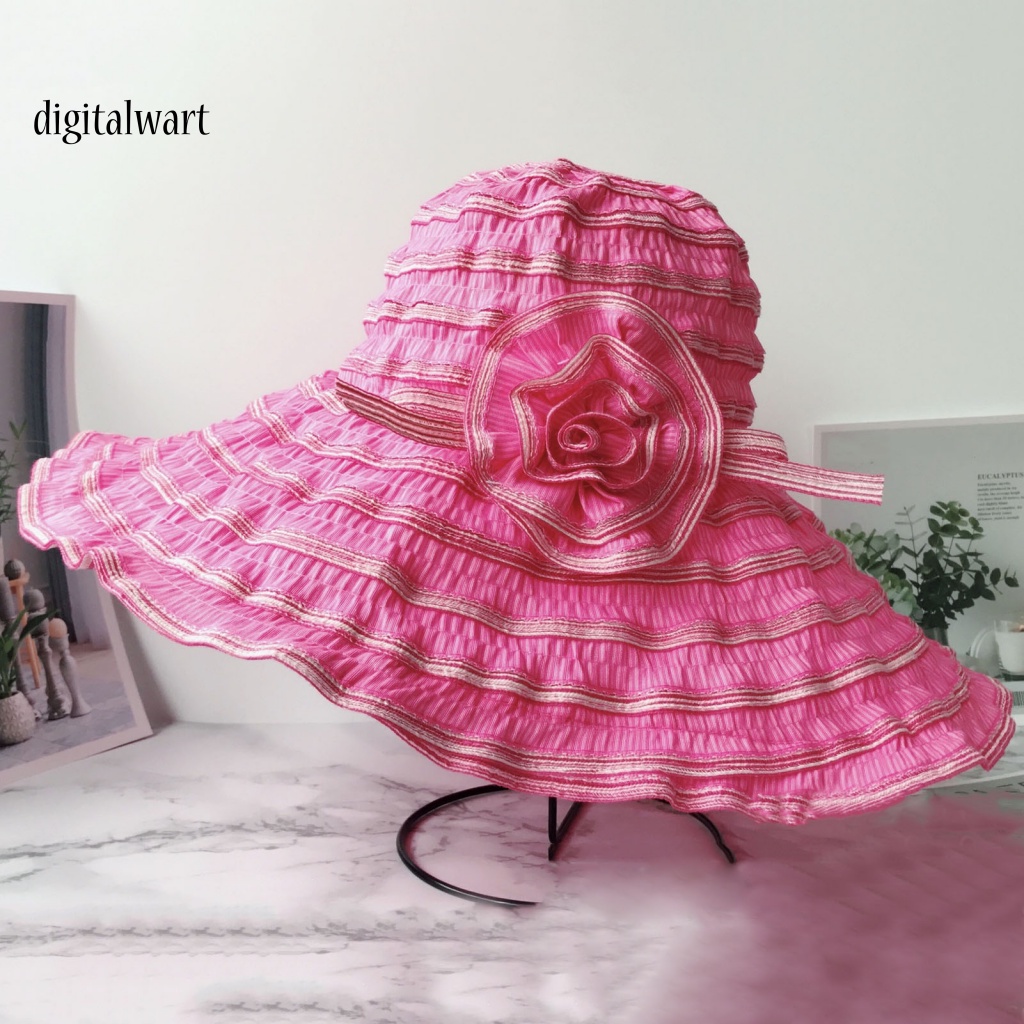Kỹ Thuật Số| Nón Rộng Vành Họa Tiết Kẻ Sọc Đính Hoa Thời Trang Đi Biển Cho Nữ