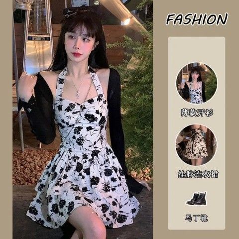 Guaiguai Đầm Hai Dây Nhấn Eo Nhấn Eo Họa Tiết Hoa Thỏ Phong Cách Pháp Ngọt Ngào