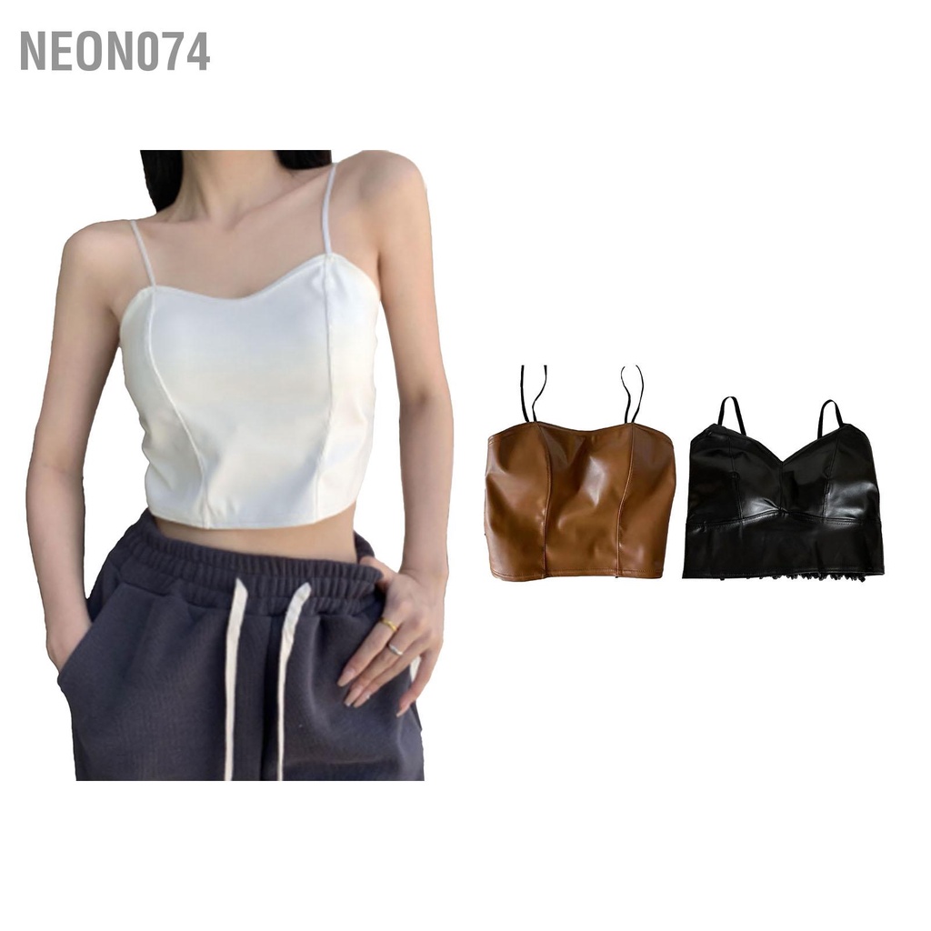 Neon074 Phụ Nữ Da PU Top Xe Máy Phong Cách Spaghetti Dây Áo Lệch Vai Ống Đầu Yếm Có Miếng Lót Ngực