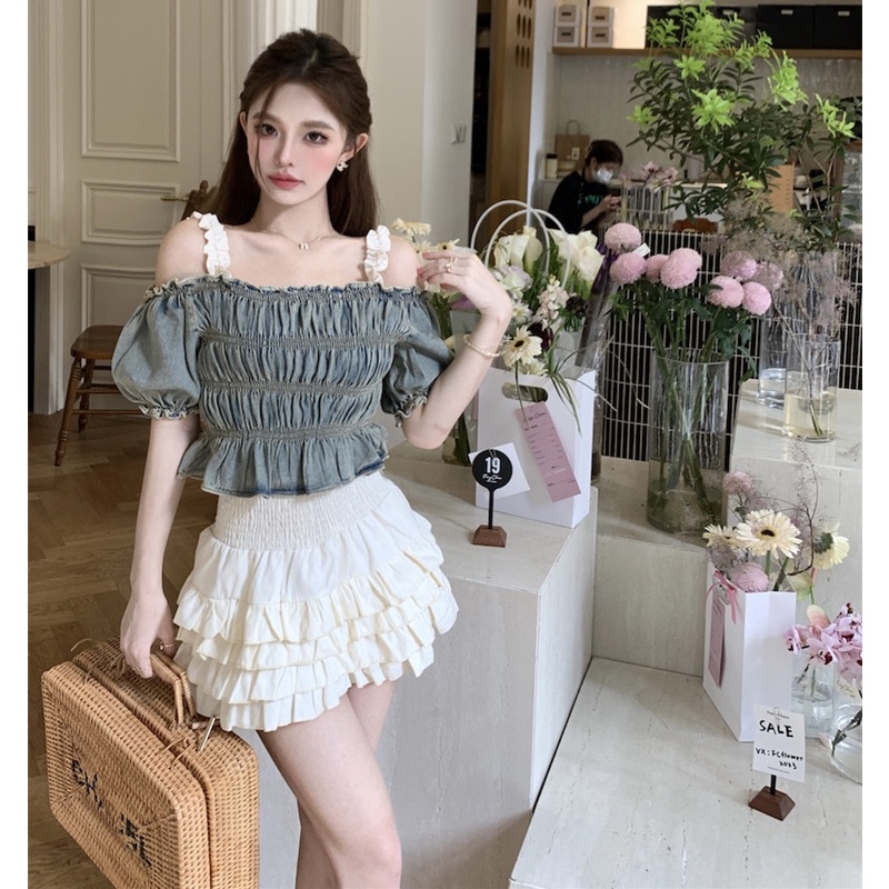 Áo Croptop Denim Hai Dây Co Giãn Thời Trang Dành Cho Nữ