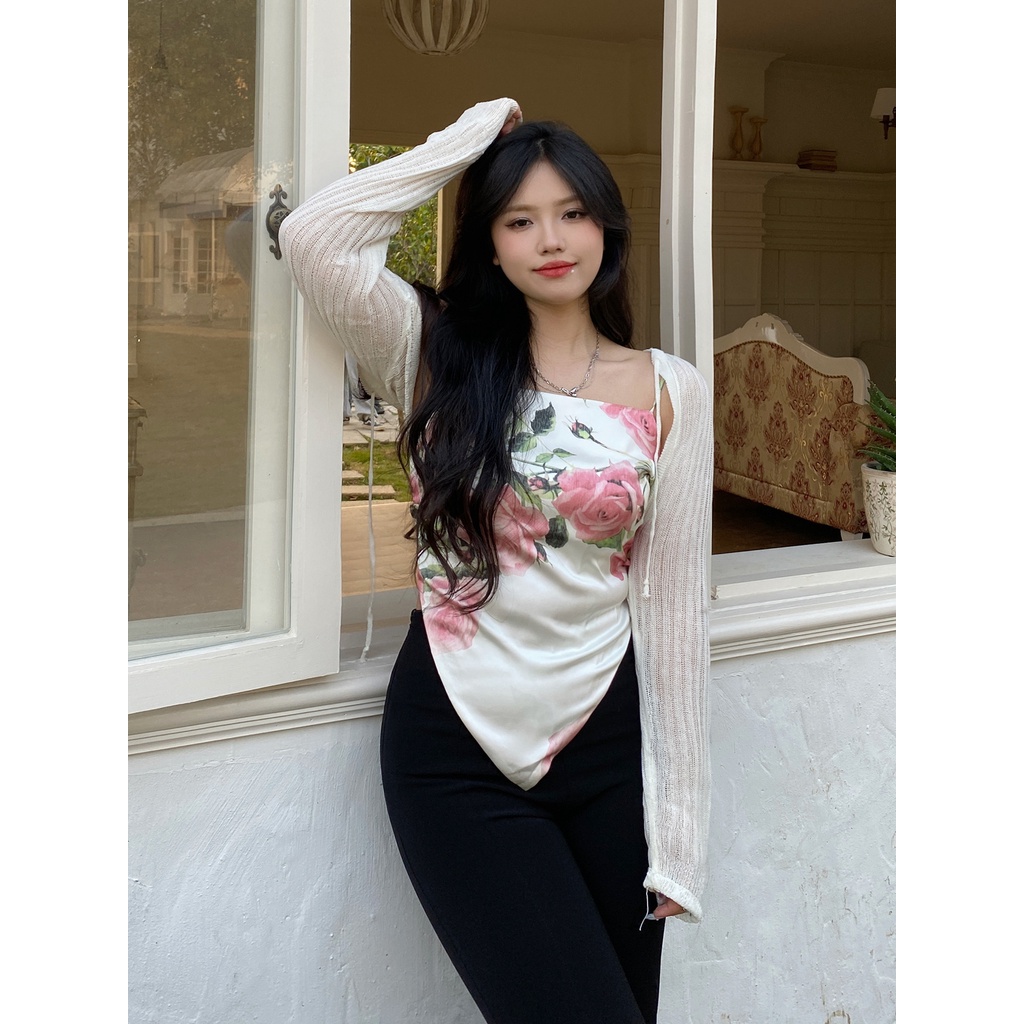 Áo Hai Dây Hở Lưng Size Lớn In Họa Tiết Hoa Hồng Phong Cách Cổ Điển Thời Trang Mùa Hè Cho Nữ 50-100kg L-4XL