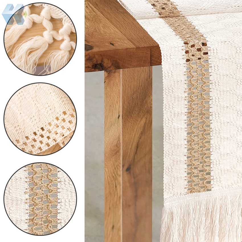 Khăn Trải Bàn Vải Cotton Dệt Tay Phối Tua Rua Phong Cách Bohemian