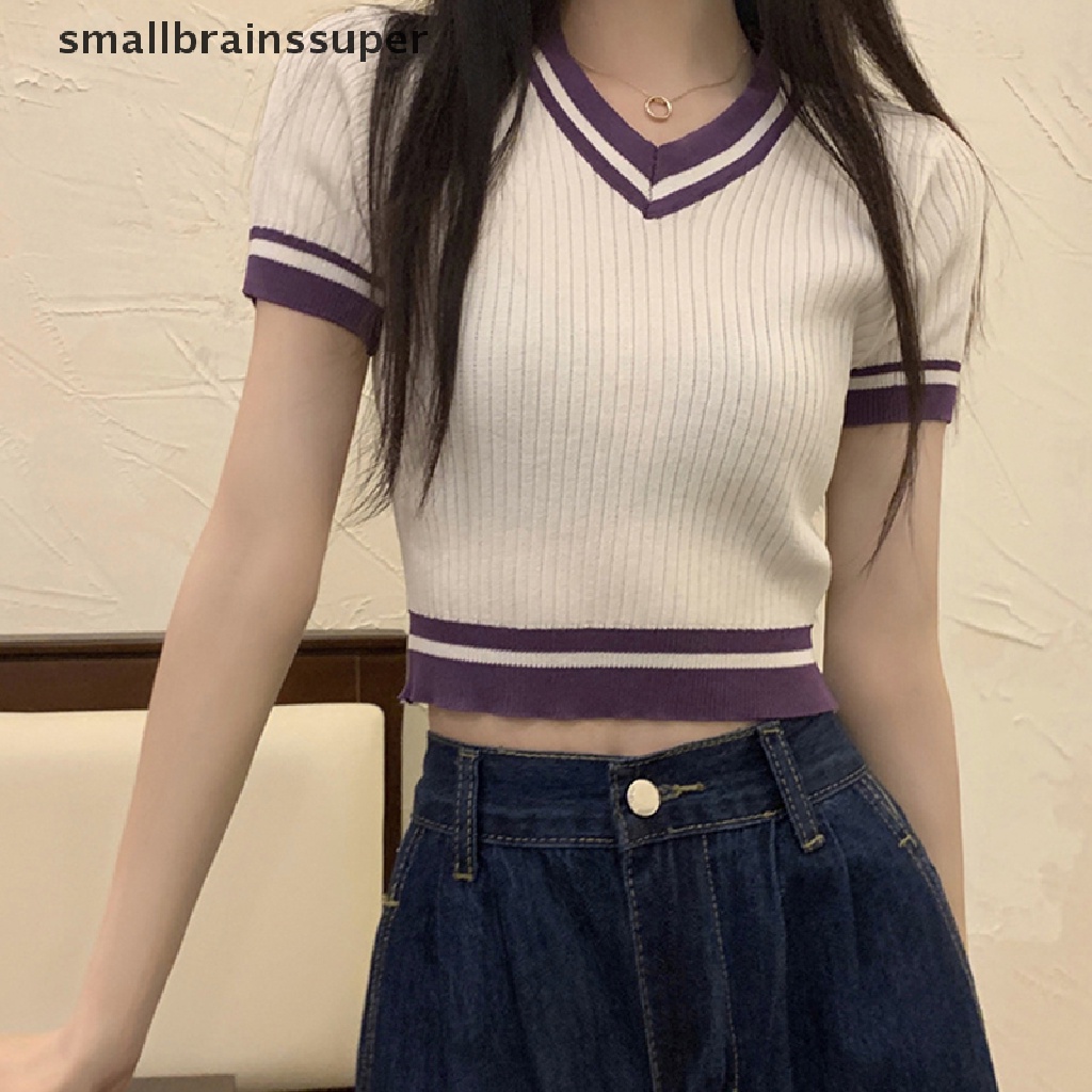 Áo Croptop Dệt Kim Tay Ngắn Cổ Chữ V Dáng Ôm Thời Trang Cho Nữ