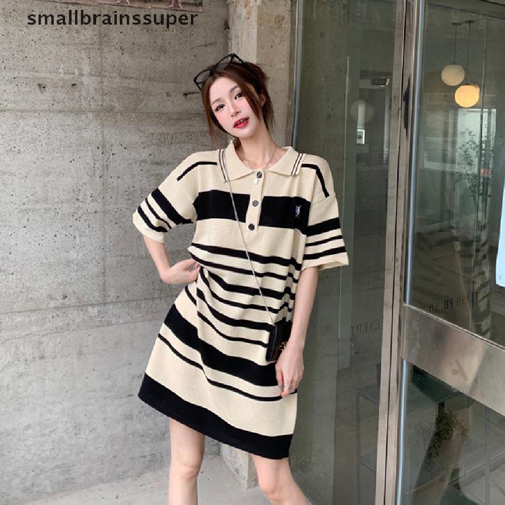 Đầm Dệt Kim Tay Ngắn Dáng Rộng Họa Tiết Kẻ Sọc Thời Trang Mùa Hè Phong Cách Hàn Quốc Cho Nữ