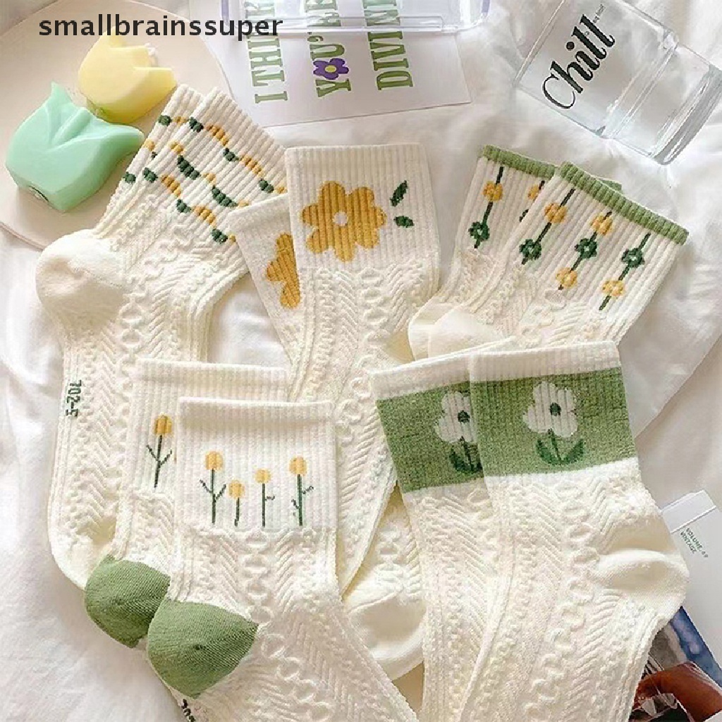 Smallbrainssuper Set 5 Đôi Tất Cotton Thấm Hút Mồ Hôi Ngắn In Họa Tiết Hoa Nhỏ Phong Cách Nhật Bản Dành Cho Nữ SBS