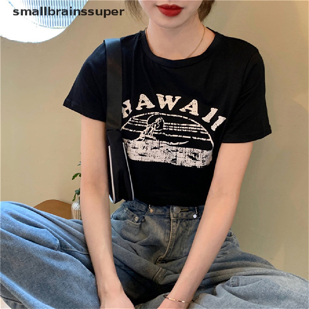 Áo Thun Crop Top Tay Ngắn Cổ Tròn In Họa Tiết Phong Cách Retro Mỹ Thời Trang Mùa Hè Cho Nữ SBS